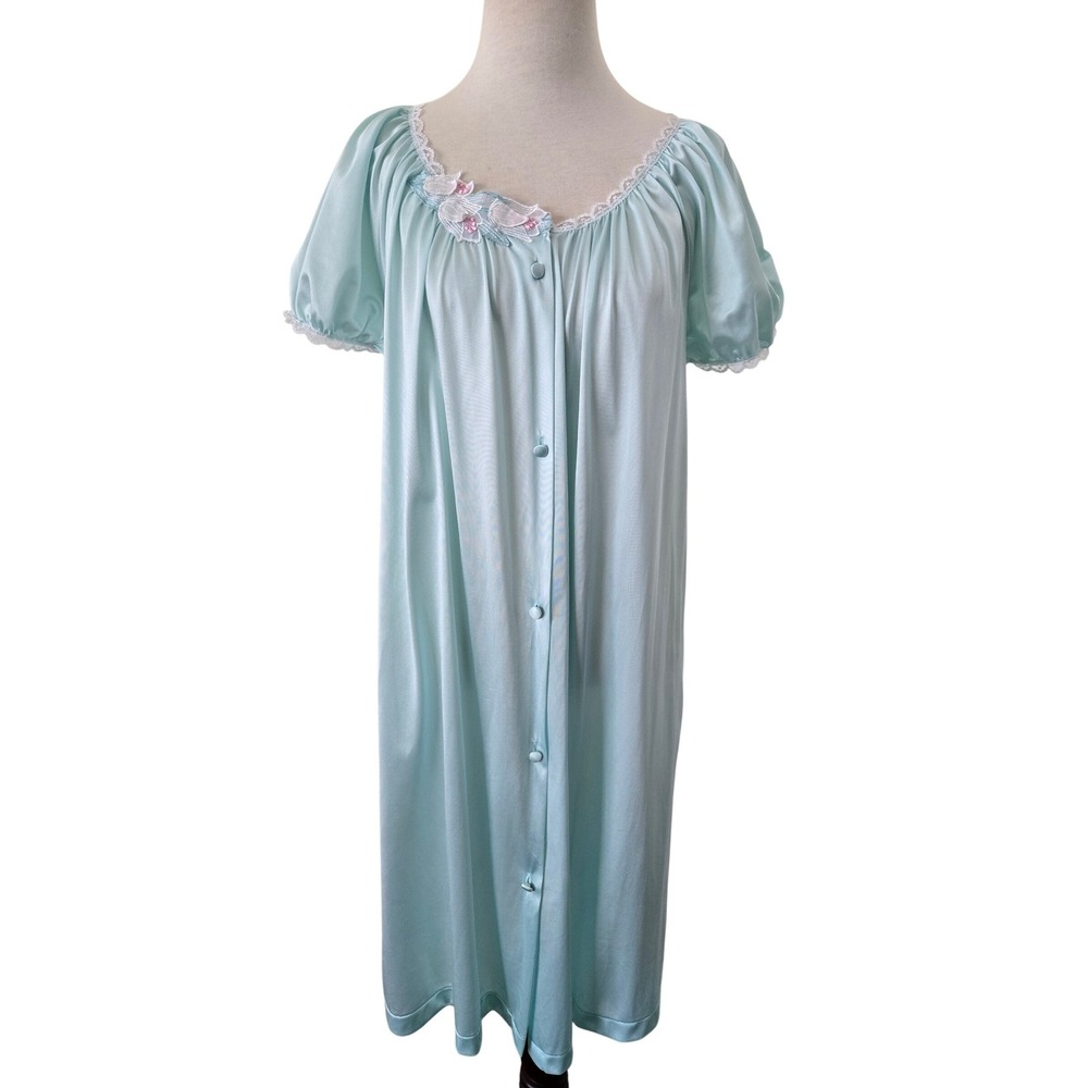 Vtg Vandemere Mint Green Button Front Nightgown Lace Floral Puff Sleeve S Nylon